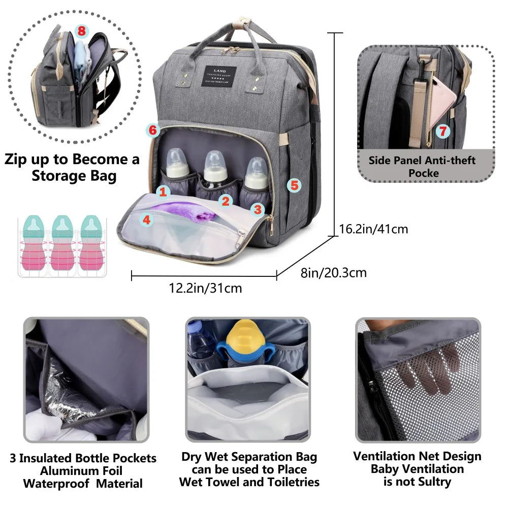 Lightweight New-Mum Nappy Bag With Portable Folding Crib